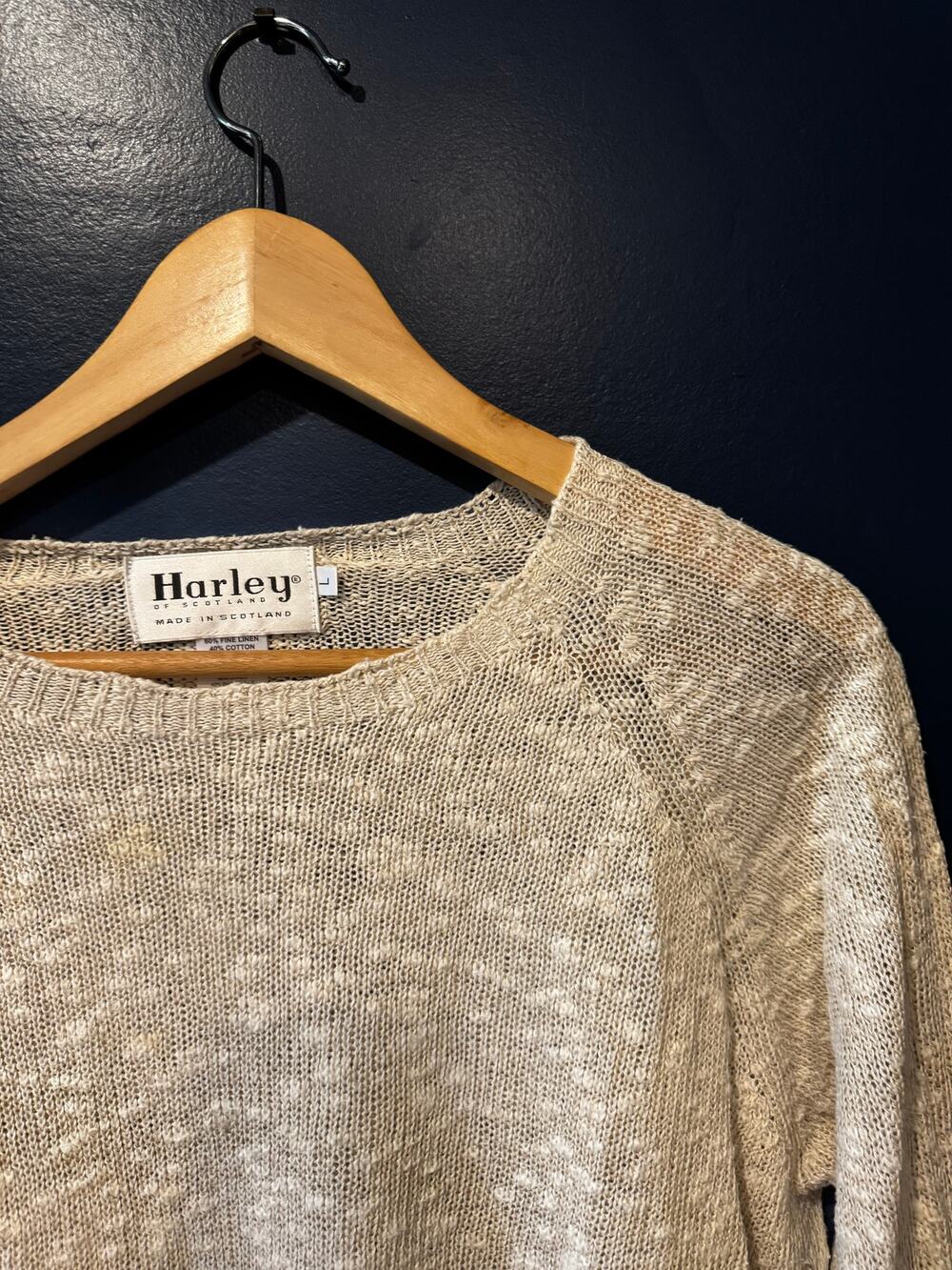 Harley of Scotland | Linen/Cotton Ecru Light Knit Sweater | Size Large